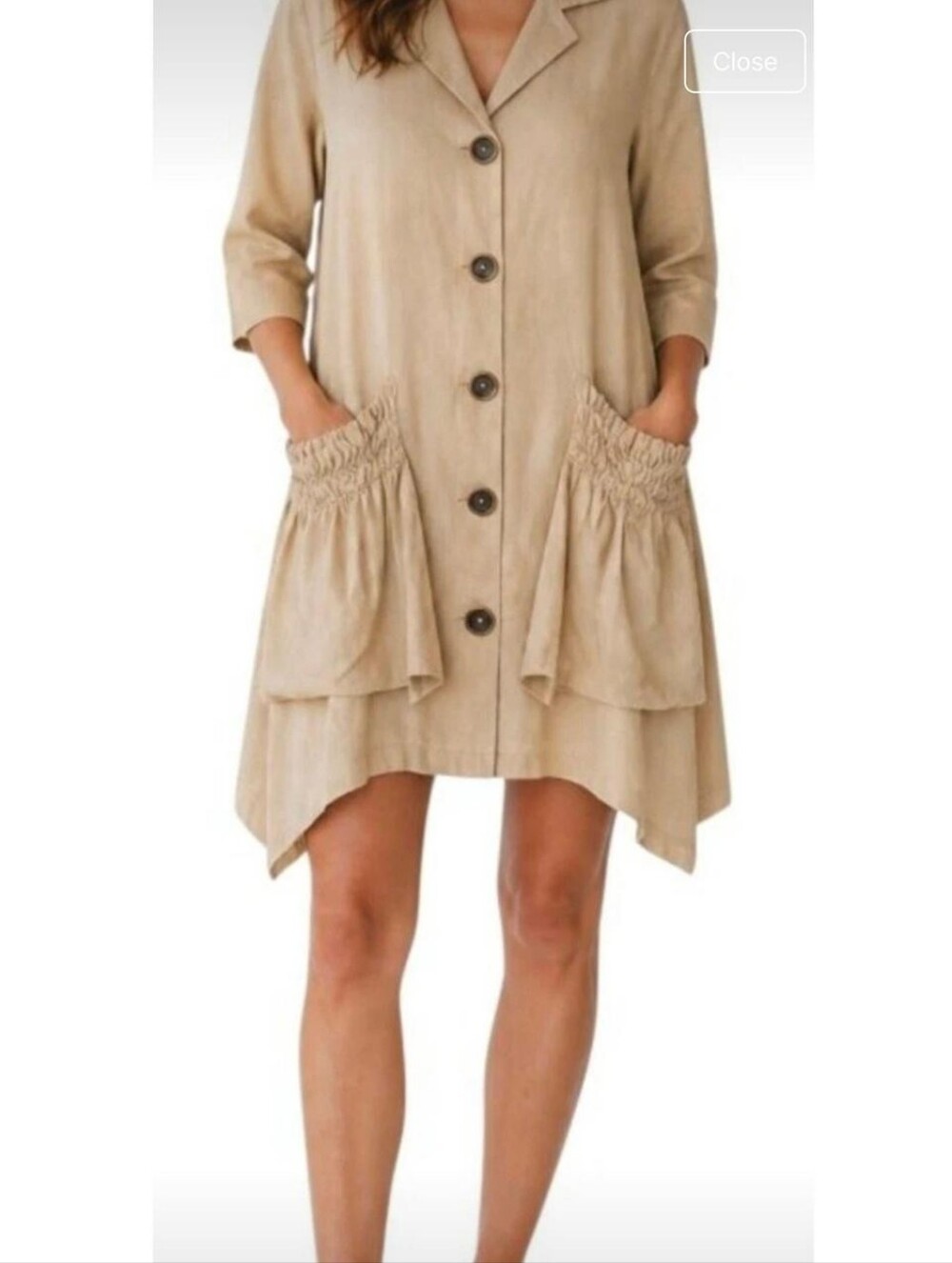 For Cynthia Beige Shark Bite Dress XS Linen Blend Hippie Neutral Boho Minimalist